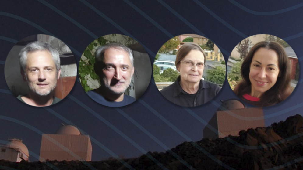 En la imagen se muestran a cuatro investigadores: Gamen, Barbá, Morrell y Arias, autores del trabajo. Al fondo, una imagen de un observatorio astronómico.