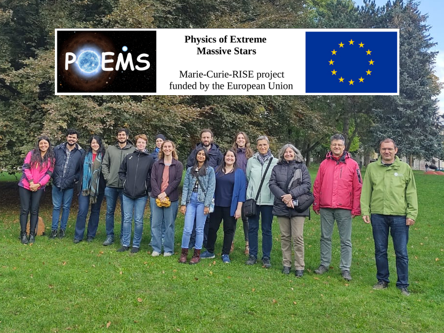 La imagen muestra a varios miembros del proyecto POEMS, junto a su directora Michaela Kraus y la coordinadora argentina Dra. Lydia Cidale. Arriba se presenta el logo de POEMS, proyecto financiado por la Unión Europea.