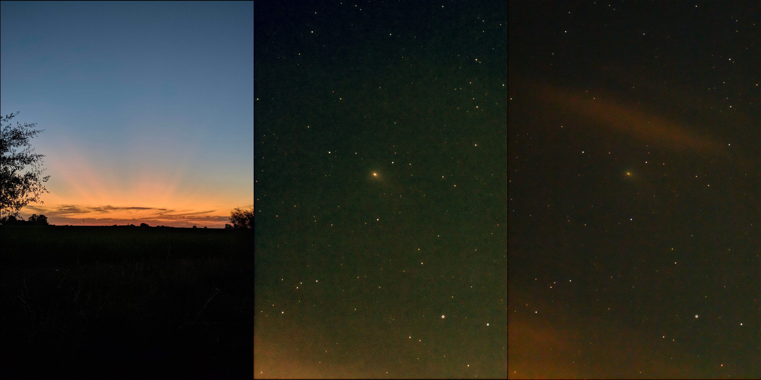 A la izquierda, el atardecer con horizonte despejado en la localidad de Julio Arditi. Al centro y a la derecha, dos imágenes del cometa, que aparece como una pequeña mancha difusa debido a su cola desplegada.