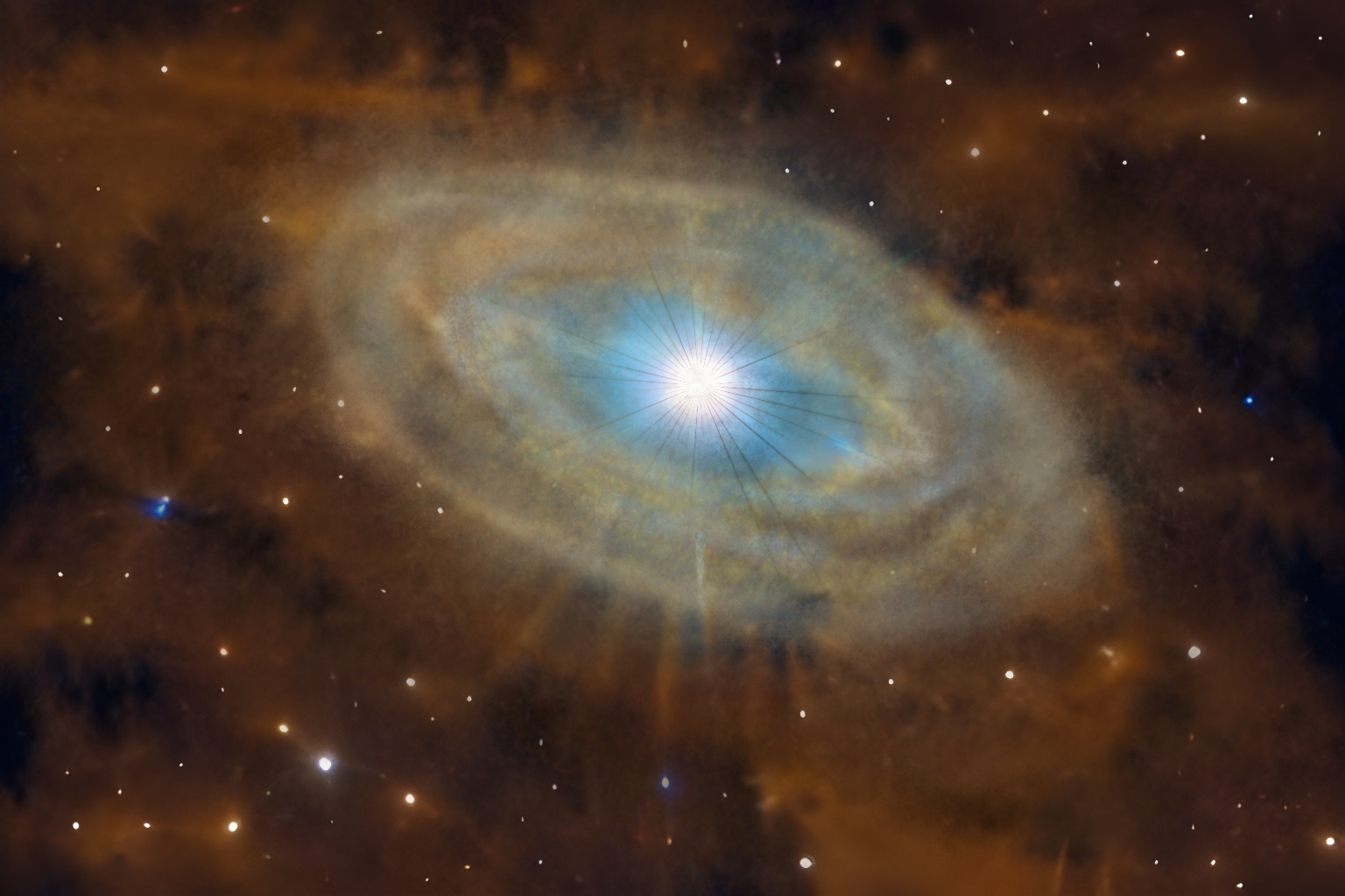 Una representación artística de una estrella B con un disco de gas y polvo a su alrededor. El color de la estrella central es azul, indicando que es una estrella de alta temperatura.