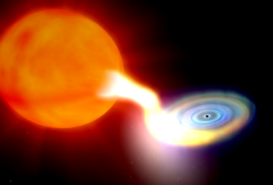 Recreación de un sistema binario formado por una estrella gigante y un agujero negro. La estrella gigante presenta una corriente gas caliente que se dirige al agujero negro y forma un disco de materia alrededor de este.