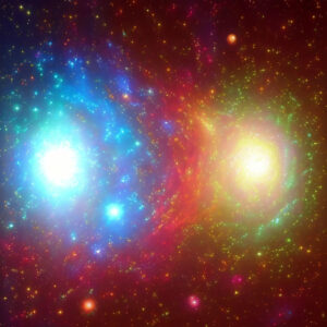 Recreación hecha mediante inteligencia artificial de un sistema binario, consistente en dos estrellas, una azulada y otra amarillenta. Las estrellas tienen pulsaciones simbolizadas con ondas fragmentadas a su alrededor.