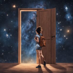 En la imagen, una joven abre una puerta al universo, simbolizando nuestra dificultad para estudiar el cosmos y la difícil tarea de la Astronomía.