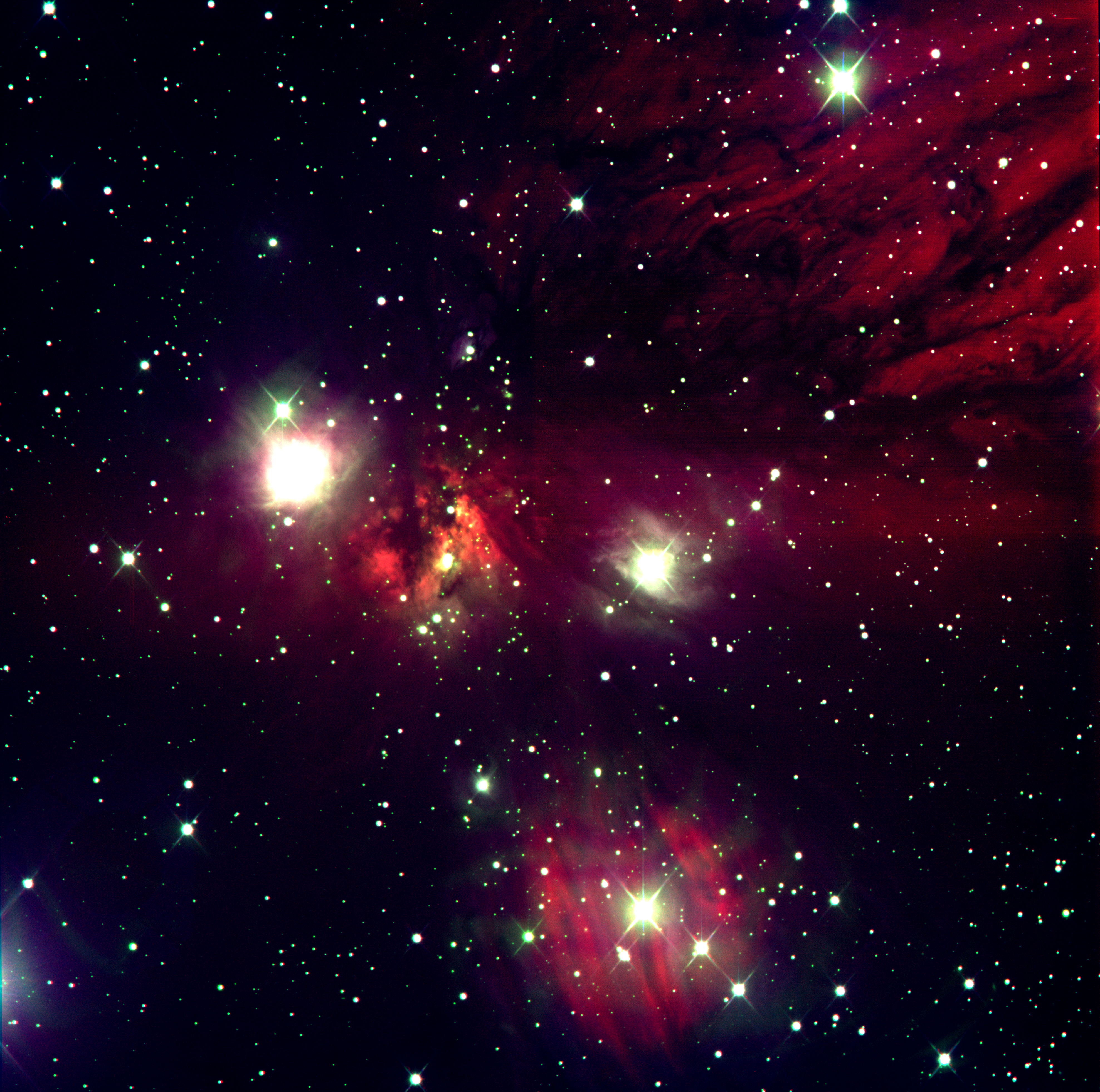 Imagen del cúmulo abierto Mon R2, tomada por los autores del artículo. En la misma pueden verse nebulosidades oscuras y brillantes junto a un nutrido grupo de estrellas jóvenes.