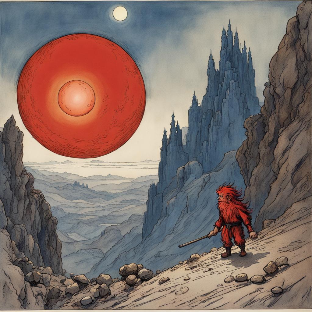 Una ilustración que muestra un enano de cuento, buscando minerales entre las montañas. En el cielo una estrella gigante roja.