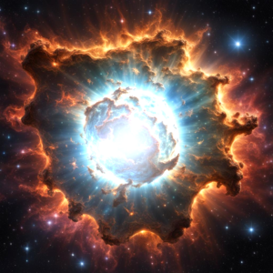 La imagen muestra una representación de una explosión de supernova. La onda de choque interna ha alcanzado la superficie de la estrella y comienza a destruirla. A su alrededor, hay gas y polvo que ha sido expulsado por la estrella, en años previos a la explosión.