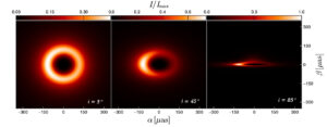 Tres imágenes del aspecto que tendría núcleo de materia oscura, según la relatividad general, obtenidos con modelos computacionales del trabajo.