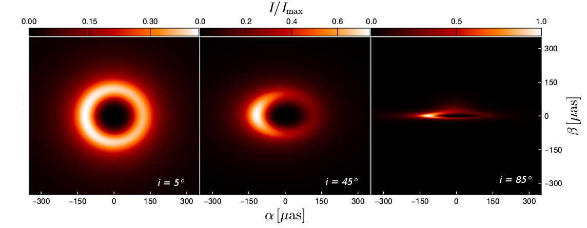 Tres imágenes del aspecto que tendría núcleo de materia oscura, según la relatividad general, obtenidos con modelos computacionales del trabajo.