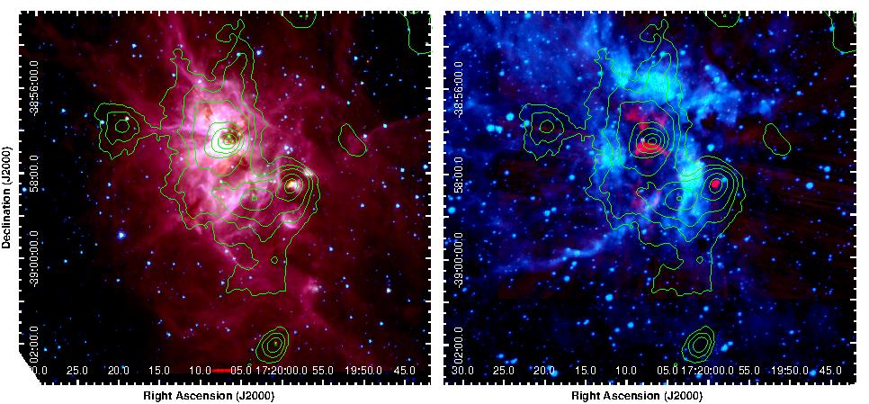 Dos imágenes de la nebulosa y complejo de formación estelar de la región RWC 122. A la derecha, la imagen infrarroja del telescopio espacial Spitzer. A la derecha, la imagen de luz visible proveniente del hidrógeno. Se muestra una nebulosa extendida con líneas que indican la emisión de luz del polvo.